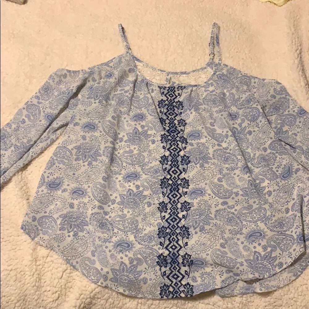 Light blue and white flowy blouse